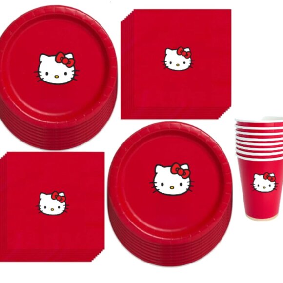 Kitty Party Supplies Set, Red Paper Plates, Cups and Napkins, Party Pack - Picture 1 of 4
